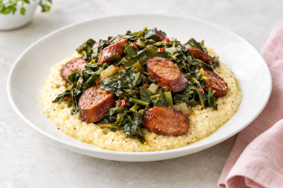 Sautéed Andouille and Greens with Grits