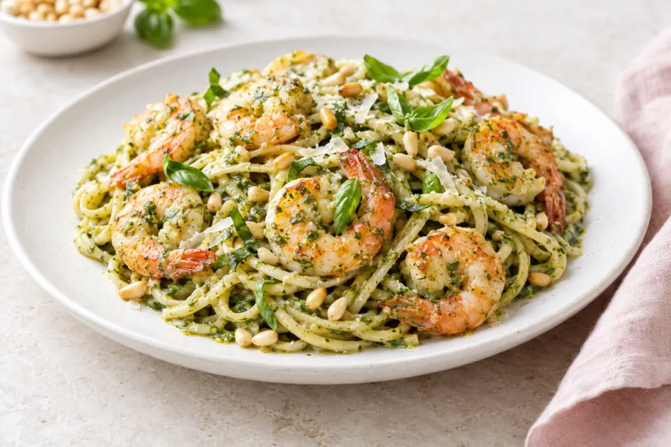 Skillet Pesto Pasta with Shrimp and Pine Nuts