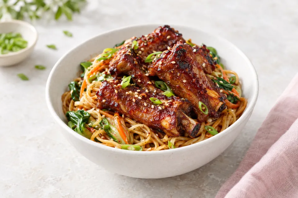 Chinese Noodles with Baked Sriracha Ribs