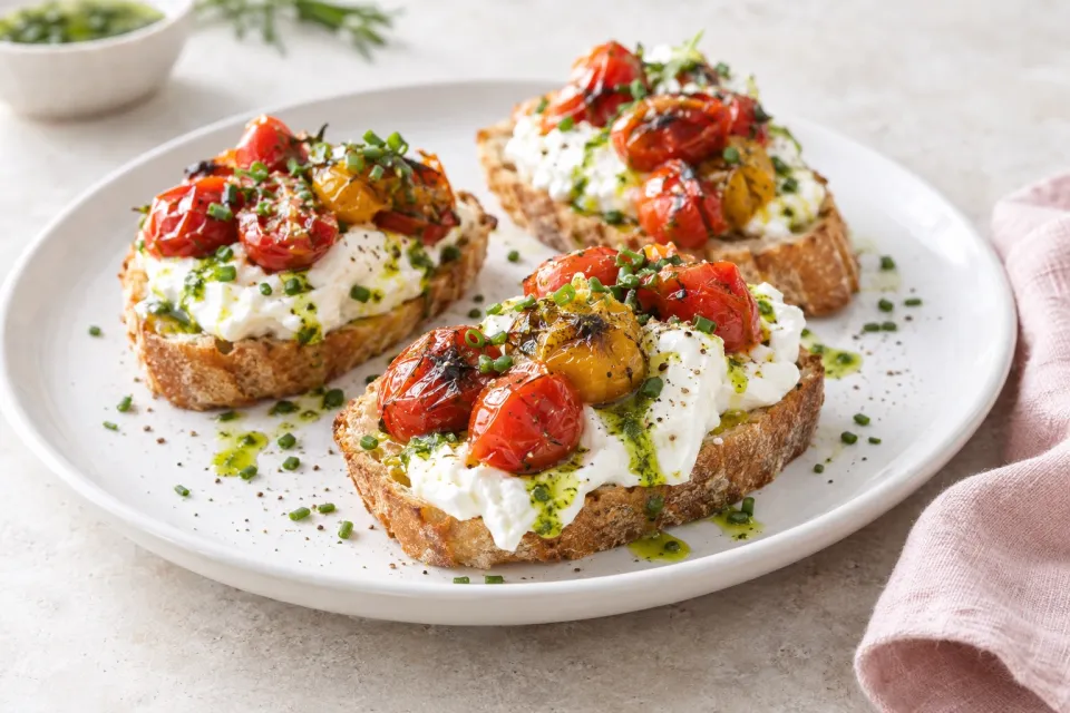 Crostini with Blistered Cherry Tomatoes, Burrata and Chive Oil