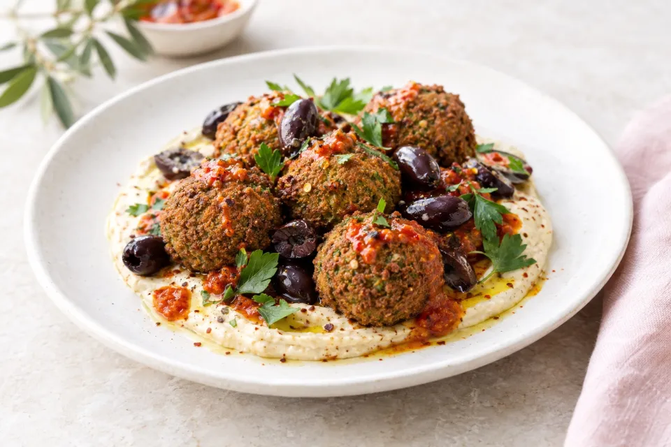 Falafel with Black Olives and Harissa