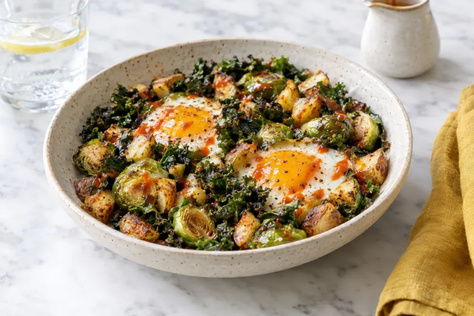 Crispy Kale, Brussels Sprouts, and Potato Hash