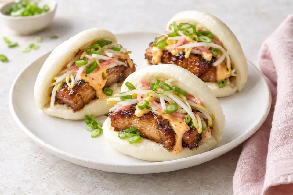 Pork Belly Buns with Spicy Mayo, Scallions, and Pickled Bean Sprouts