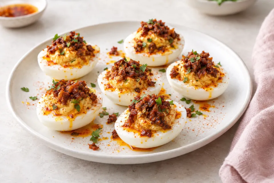 Deviled Eggs with Crispy Chorizo, Chorizo Oil, and Smoked Paprika