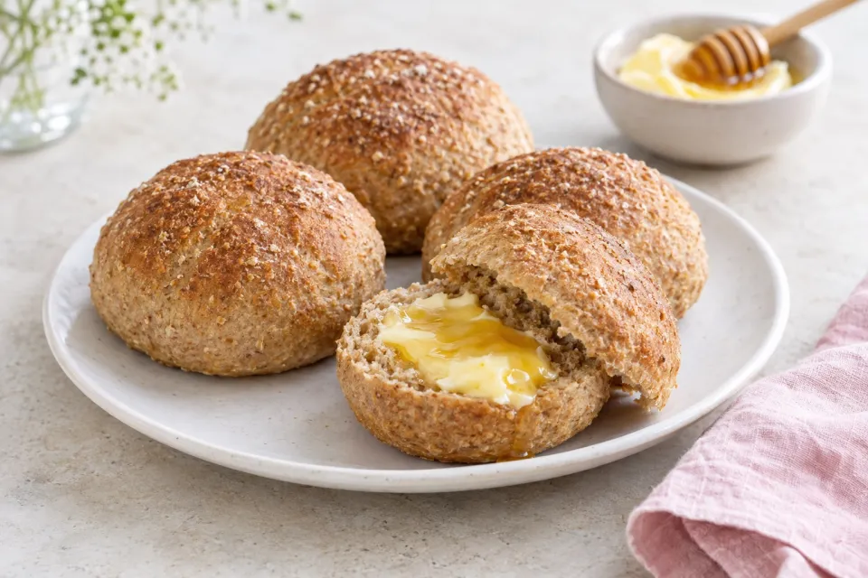 No Knead Whole Wheat Buns with Honey Butter