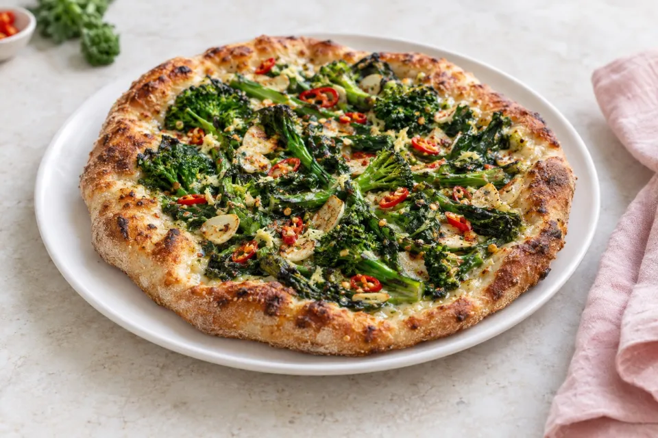 Jim Lahey's No Knead Pizza with Broccoli Rabe, Garlic, Ginger, and Thai Chilis