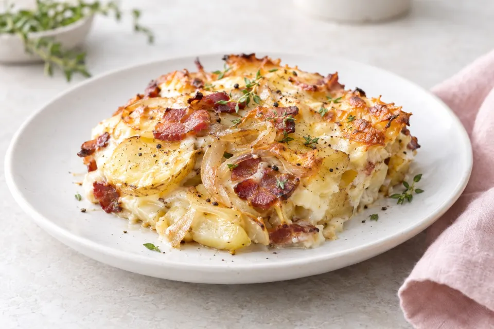 Cheesy Onion, Bacon, and New Potato Gratin
