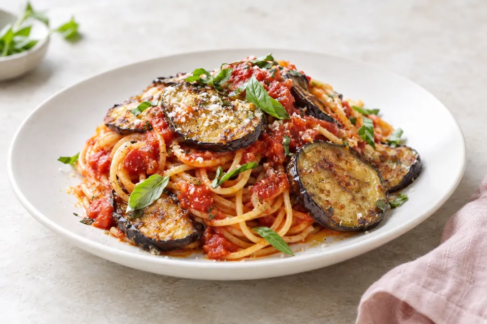 Spaghetti with Tomato Sauce and Pan-Fried Eggplant