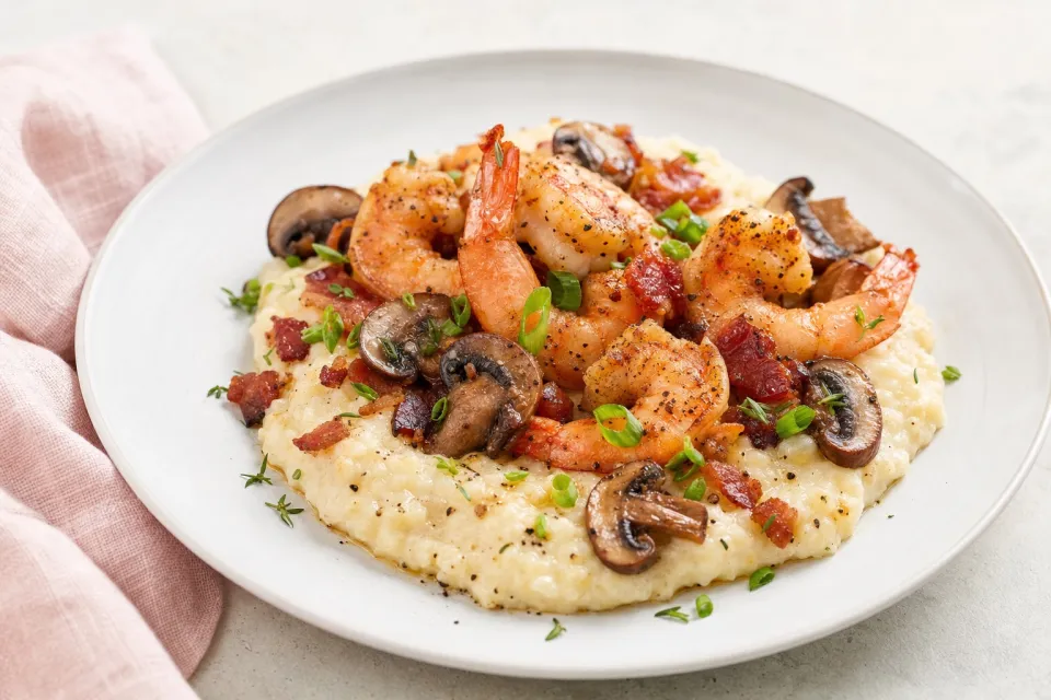 Shrimp and Gruyère Cheese Grits with Bacon and Mushrooms