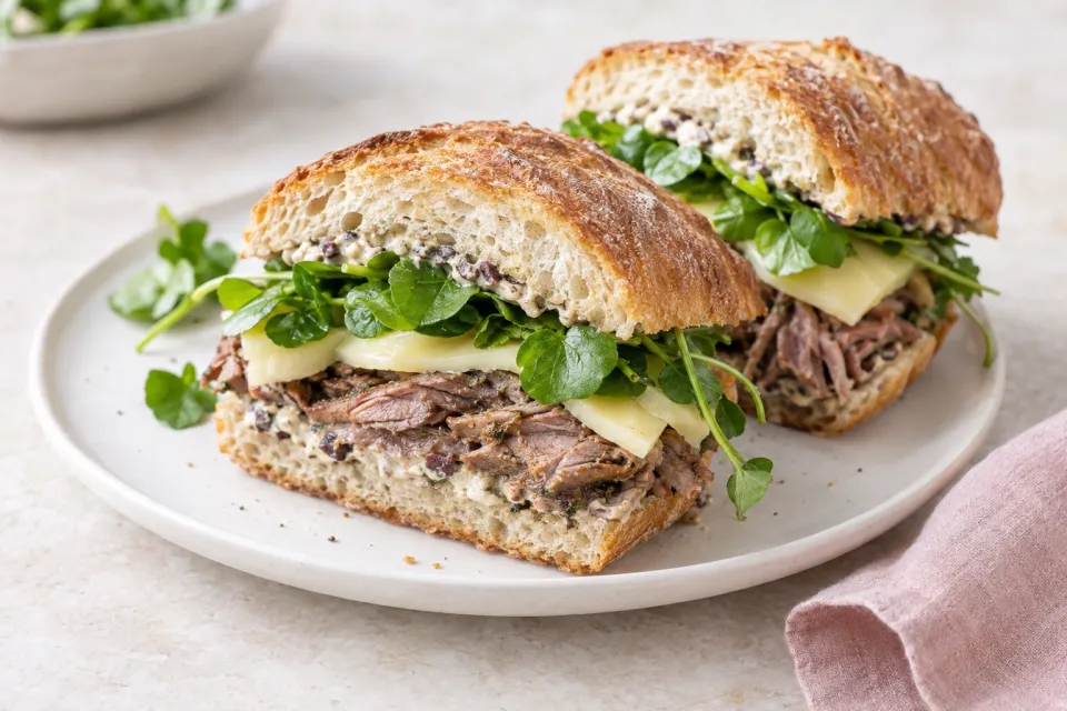 Leftover-Lamb Sandwiches with Tapenade Mayo, Watercress, and Caciocavallo Cheese
