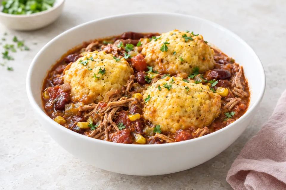 Slow-Cooker Pulled-Pork Chili with Cornbread Dumplings