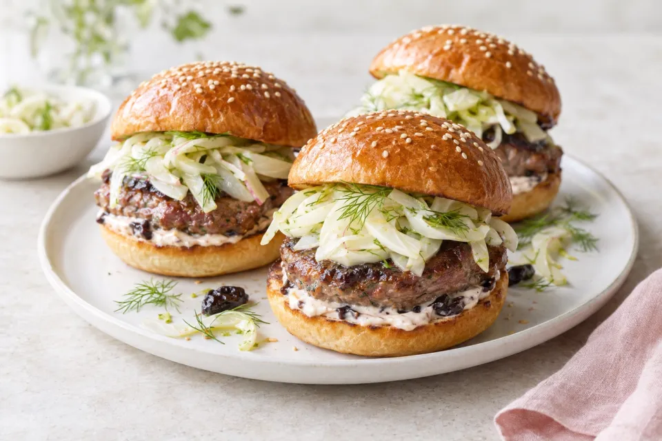 Duck Burgers with Pickled Fennel and Prune Mayonnaise