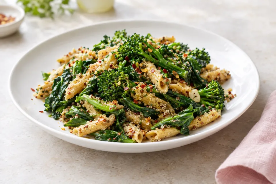 Spicy Braised Broccoli Rabe with Quinoa Pasta