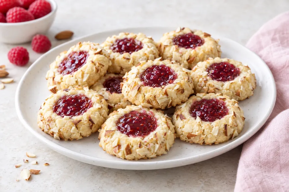 Raspberry Almond Shortbread Thumbprint Cookies
