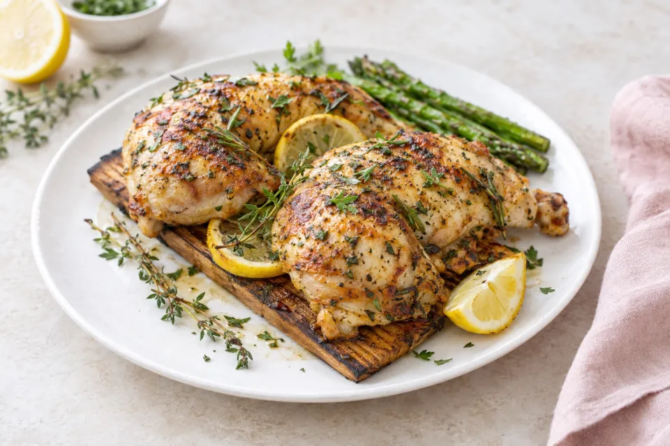 Planked Chicken Quarters with Lemon and Herb