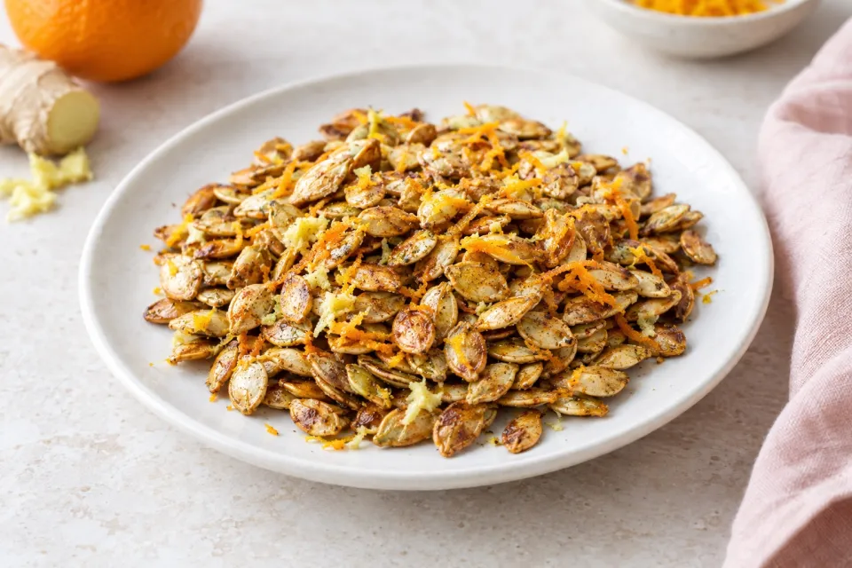 Roasted Pumpkin Seeds with Ginger and Orange Zest