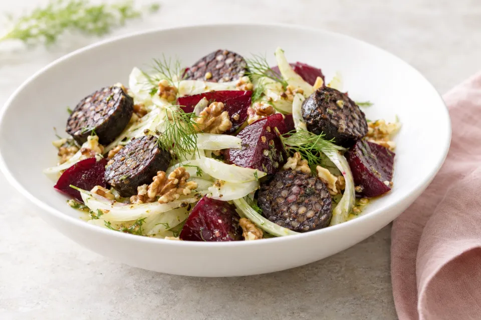 Morcilla Salad with Beets, Fennel and Walnut-Tequila Vinaigrette