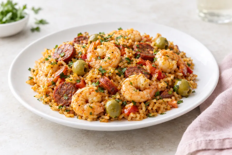 Rice with Chorizo, Shrimp, and Green Olives