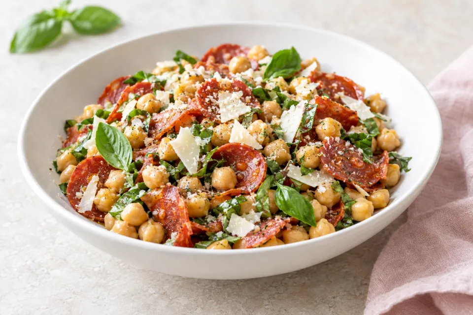 Chickpea Salad with Pepperoni, Parmesan, and Basil