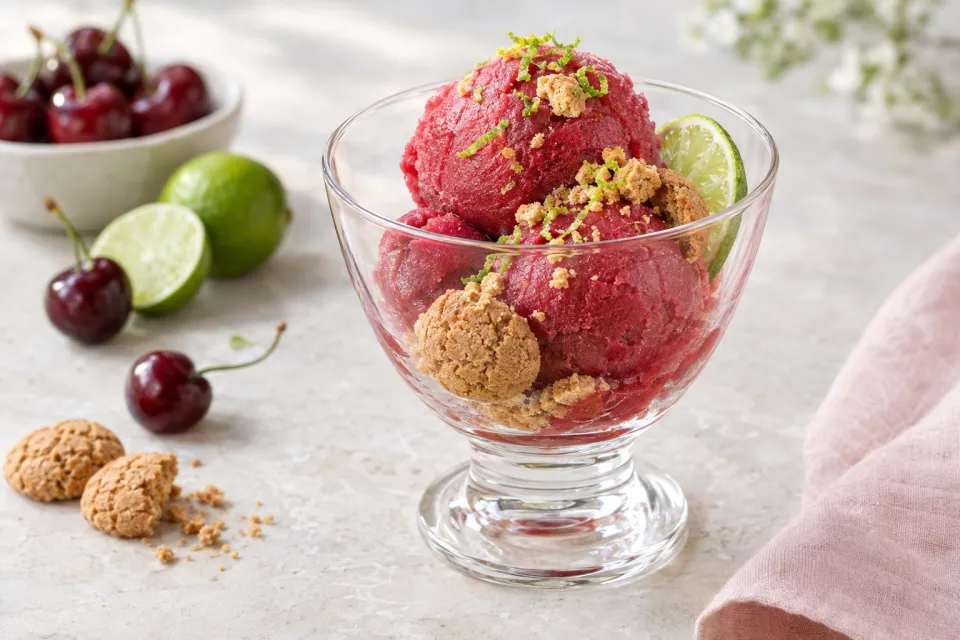 Sour Cherry-Lime Sorbet with Amaretti Cookies
