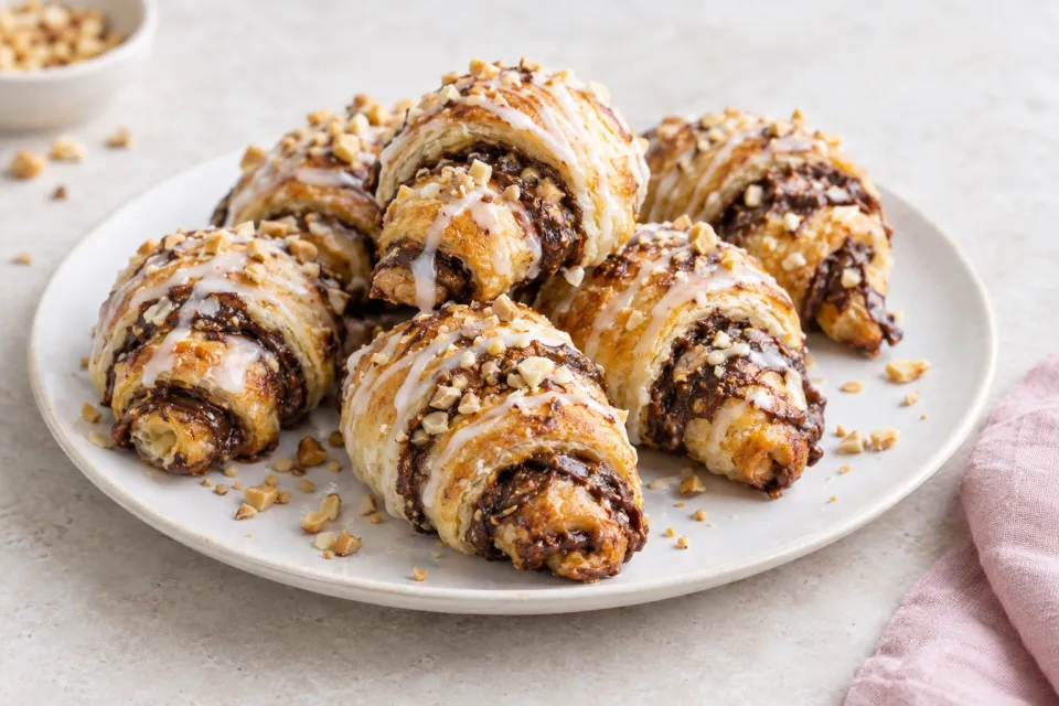 Nutella and Brown Butter Rugelach with Peanuts and Vanilla Glaze