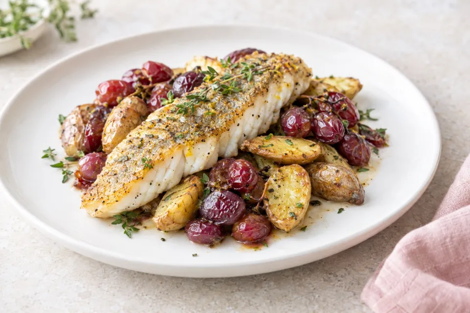 Walleye with Roasted Grapes and Fingerling Potatoes