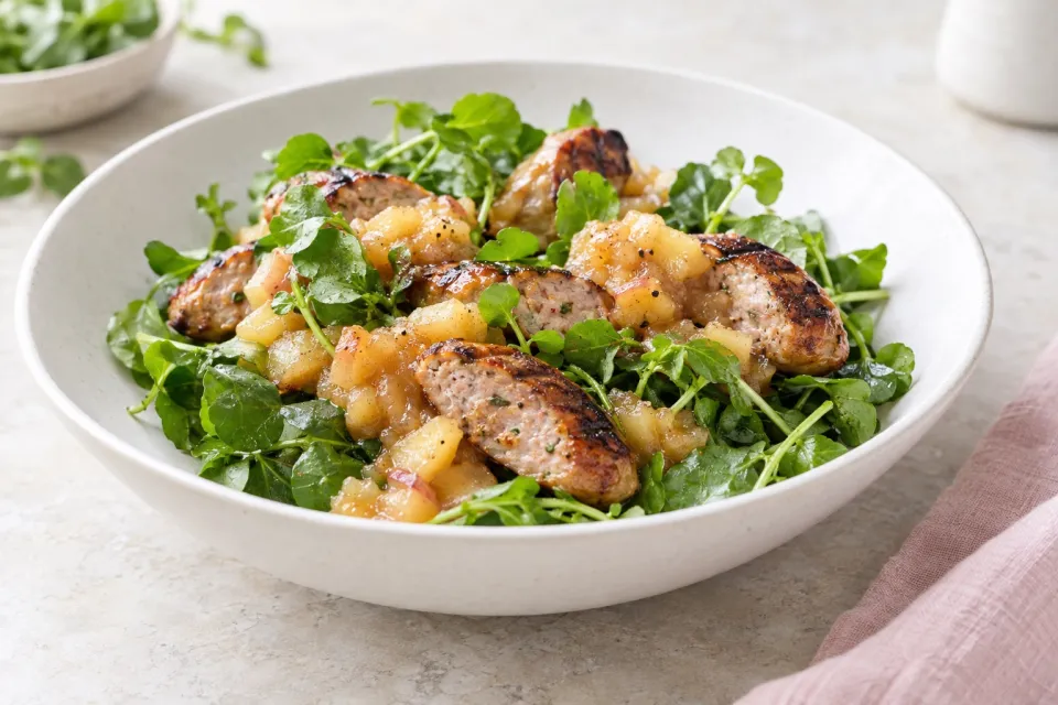 Grilled Sausage Salad with Quick Apple Compote and Watercress