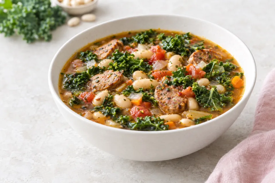 Skillet 30-Minute Kale, White Bean and Sausage Soup
