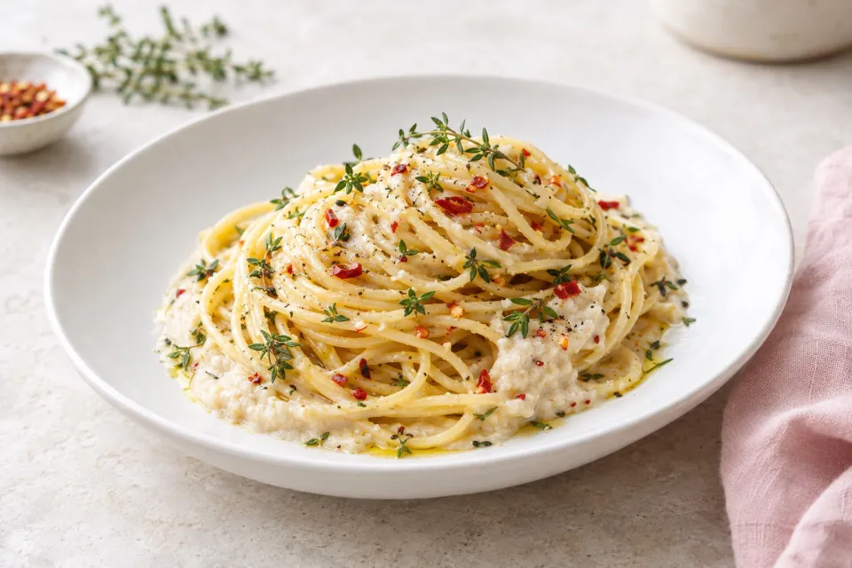 Spaghetti with Thyme-Chile Celeriac Puree