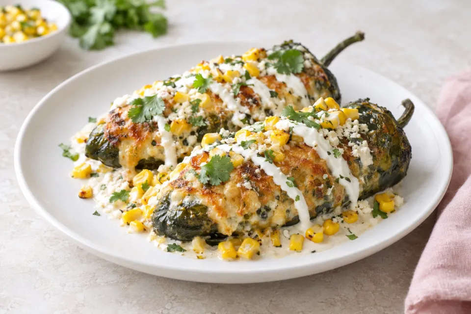 Baked Chile Rellenos with Corn and Crema
