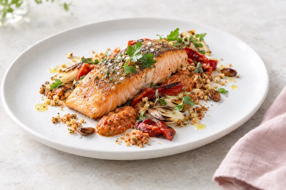 Salmon with Deconstructed Romesco Sauce
