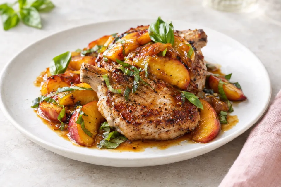 Pork Chops with Peaches, Bourbon, and Basil