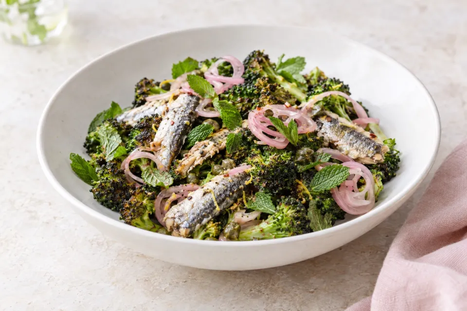 Charred Broccoli Salad with Sardines, Pickled Shallot, and Mint