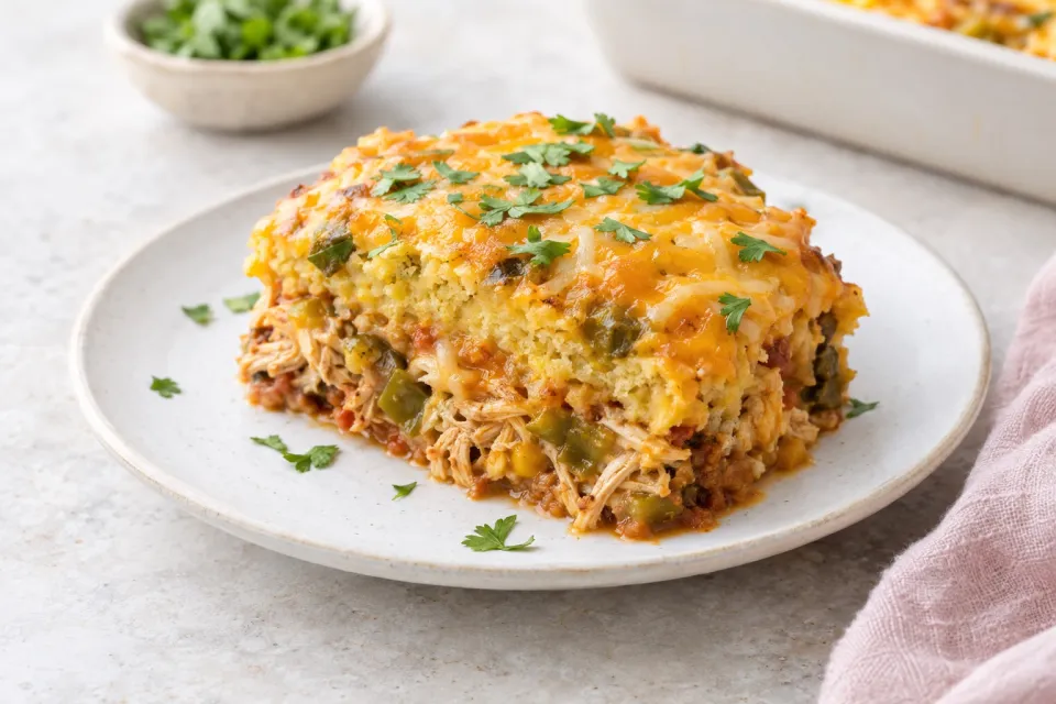 Tamale Pie with Chicken, Green Chiles, and Cheese