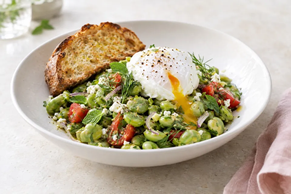 Fava Bean Salad with Toast and Poached Egg