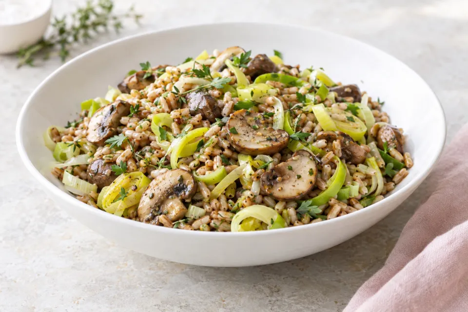 Whole-Grain Spelt Salad with Leeks and Marinated Mushrooms