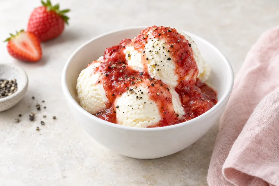 Sweet Cream Ice Cream with Strawberry-Black Pepper Sauce