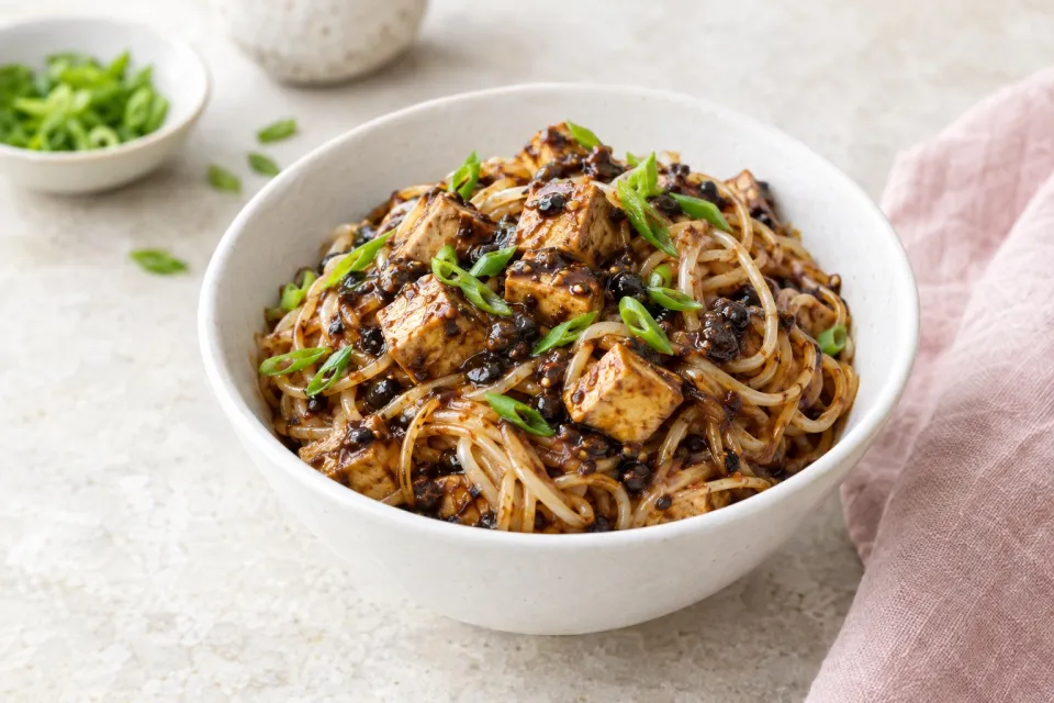 Rice Noodles with Black Bean Sauce and Tofu