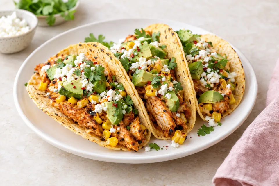 Spicy Chicken Tacos with Corn, Feta, and Avocado