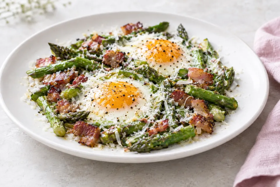 Skillet Eggs with Asparagus, Pancetta, and Parmesan