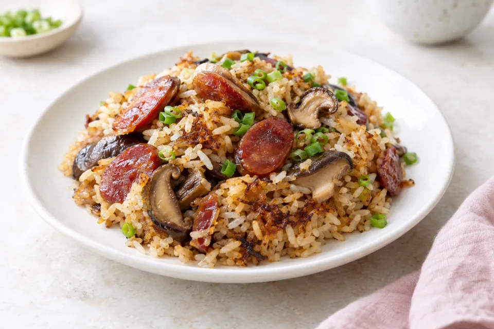 Clay Pot Rice with Spicy Sausage and Mushrooms