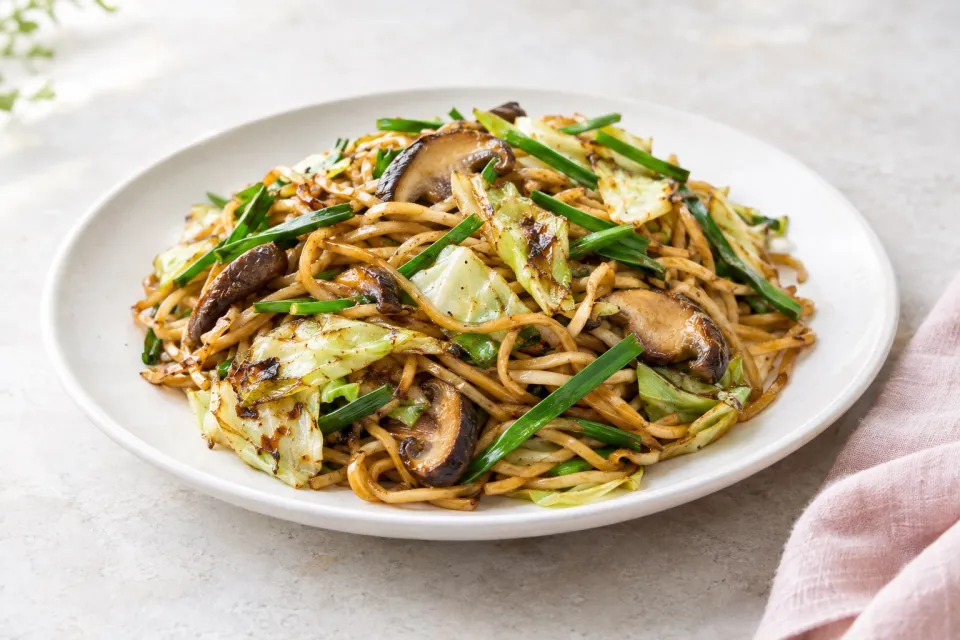 Stir-Fried Lo Mein with Charred Cabbage, Shiitake, and Chives