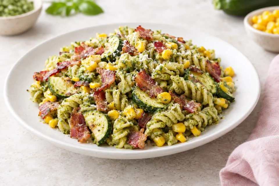 Pesto Fusilli with Corn, Zucchini, and Bacon