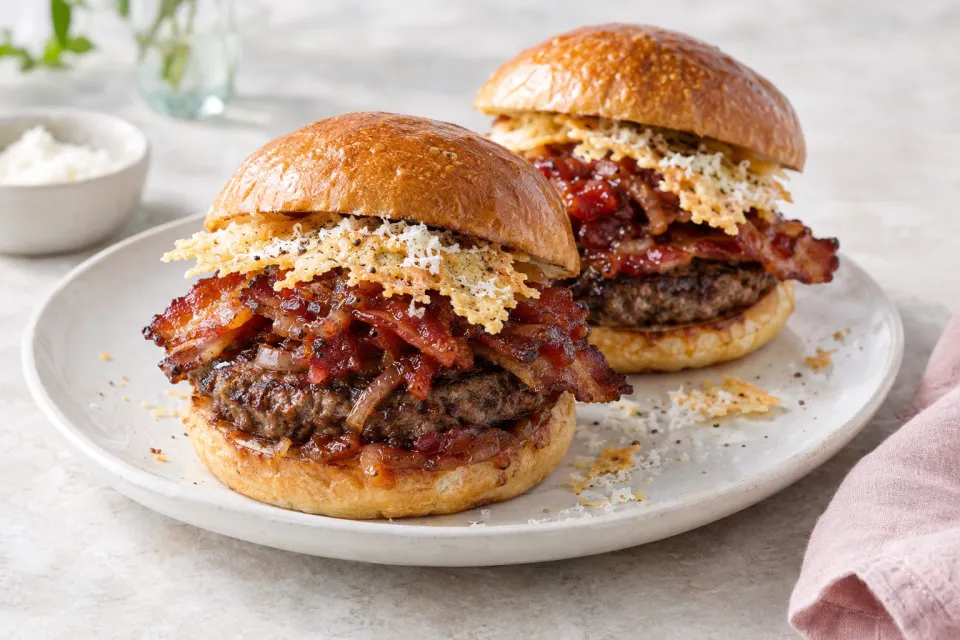 Amatriciana Burgers with Tomato-Onion Jam, Bacon, and Pecorino Romano Crisps