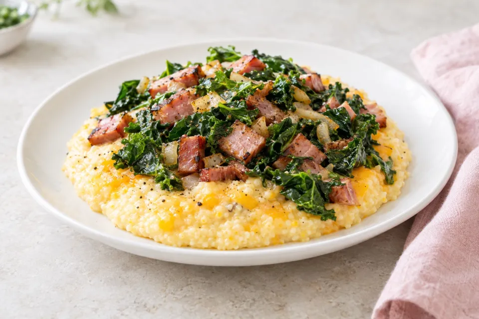 Cheesy Grits with Sautéed Ham and Kale
