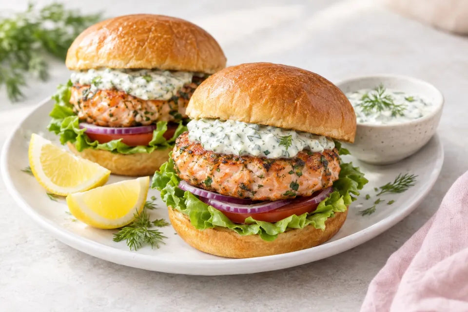 Salmon Burgers with Lemon-Herb Sauce
