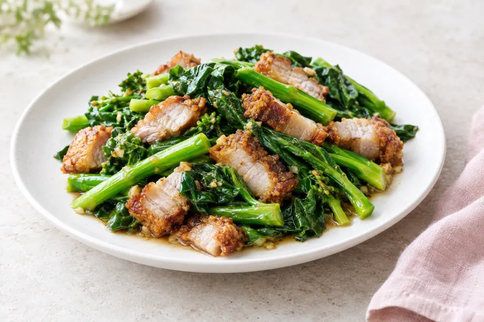Stir-Fried Chinese Broccoli with Crispy Pork Belly
