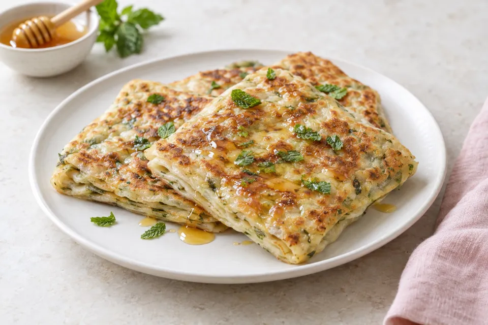 Broiled Mint Msemen with Honey