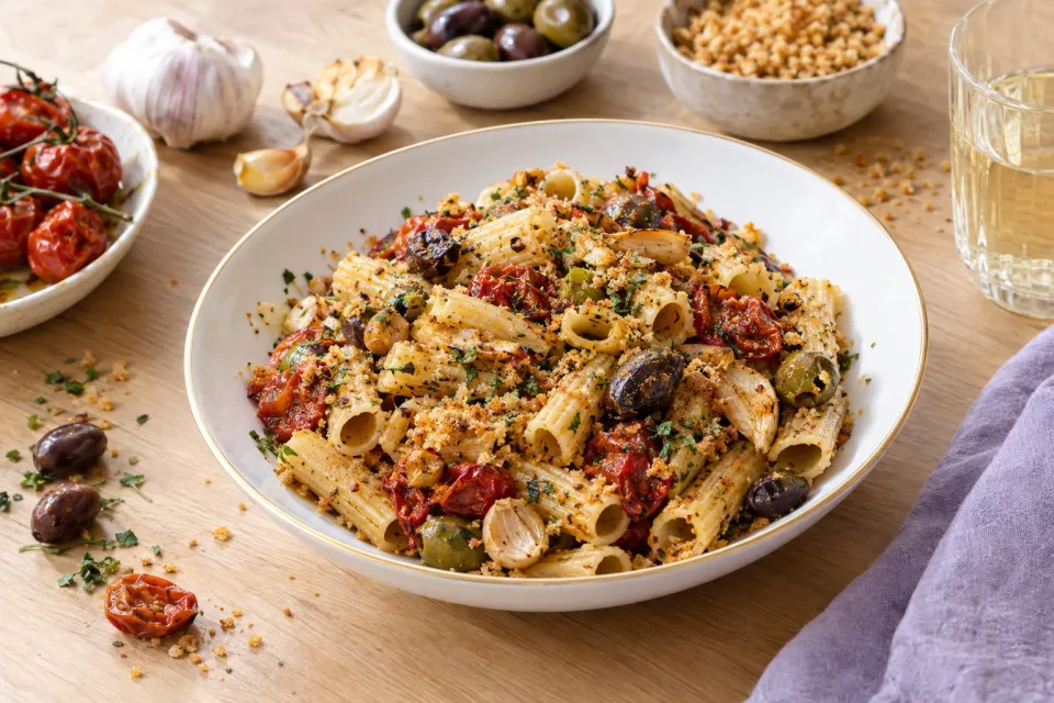 Triple Garlic Pasta with Oven-Dried Tomatoes, Olives, and Breadcrumbs