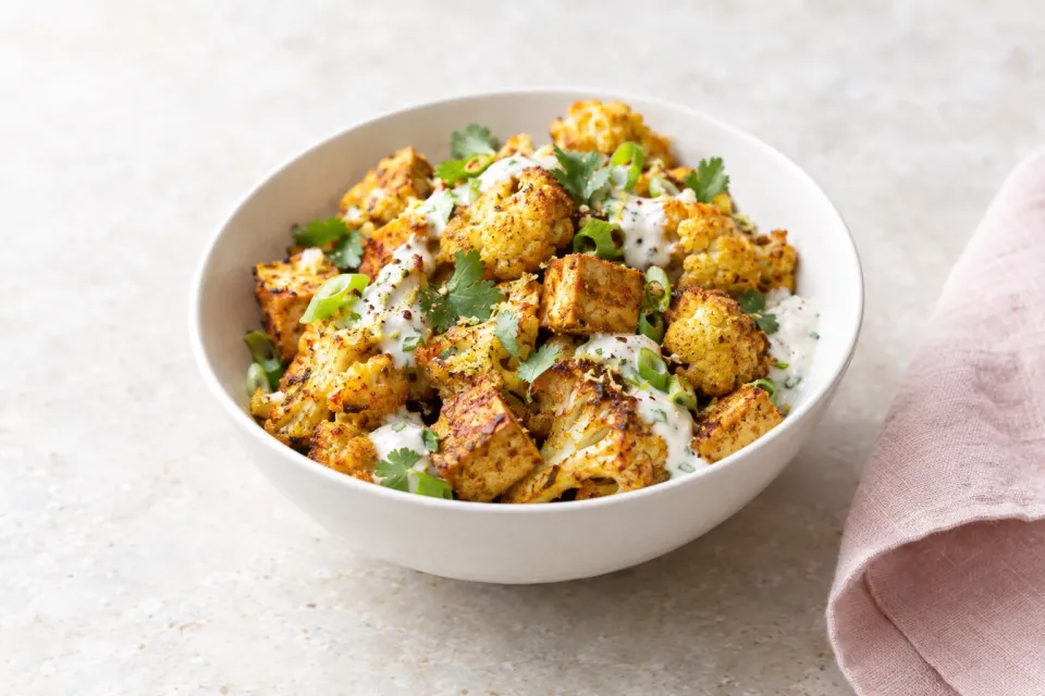 Sheet-Pan Spiced Cauliflower and Tofu with Ginger Yogurt